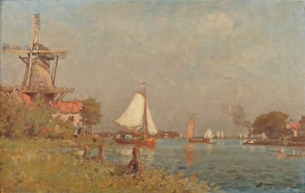 Paul Bellanger-Adhémar  "Bords de rivière en Hollande" Huile sur toile  XIX / XX ème