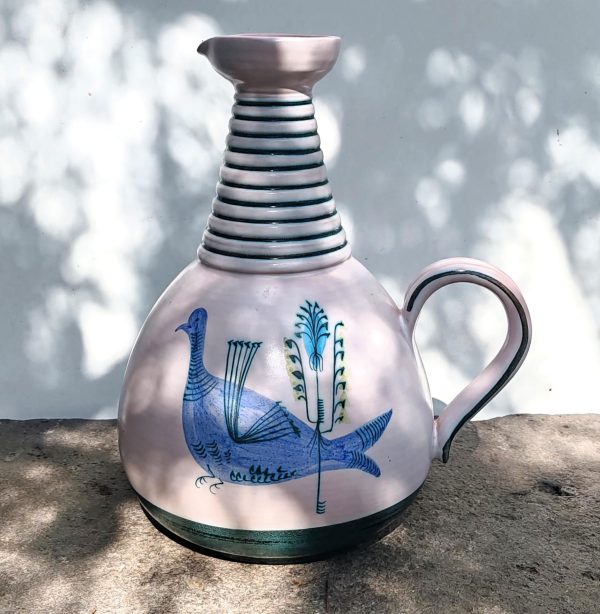 Grand Pichet Vase d'Yvon Roy pour Durtal années 50/60 céramique émaillée motif d'oiseau
