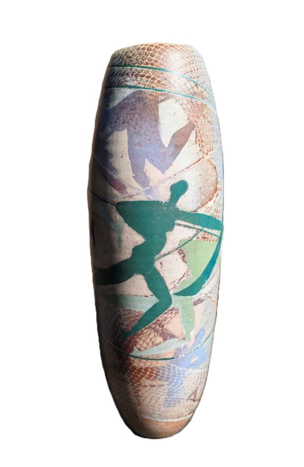 Sophie COMBRES Vase tubulaire en céramique émaillée  à décor de funambules et de danseuses stylisées