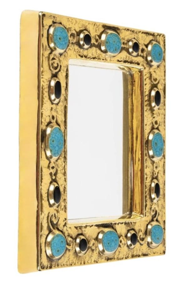 Miroir En Céramique Émaillée Or Et Cabochons Façon Turquoise Par Lembo  Vallauris 1960/70