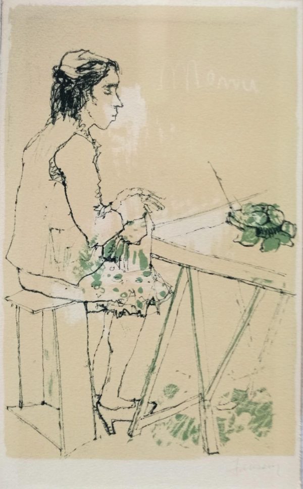 JEAN JANSEM  Dessin original au crayon et pastel sur papier d’une femme au restaurant  intitulé « MENU 