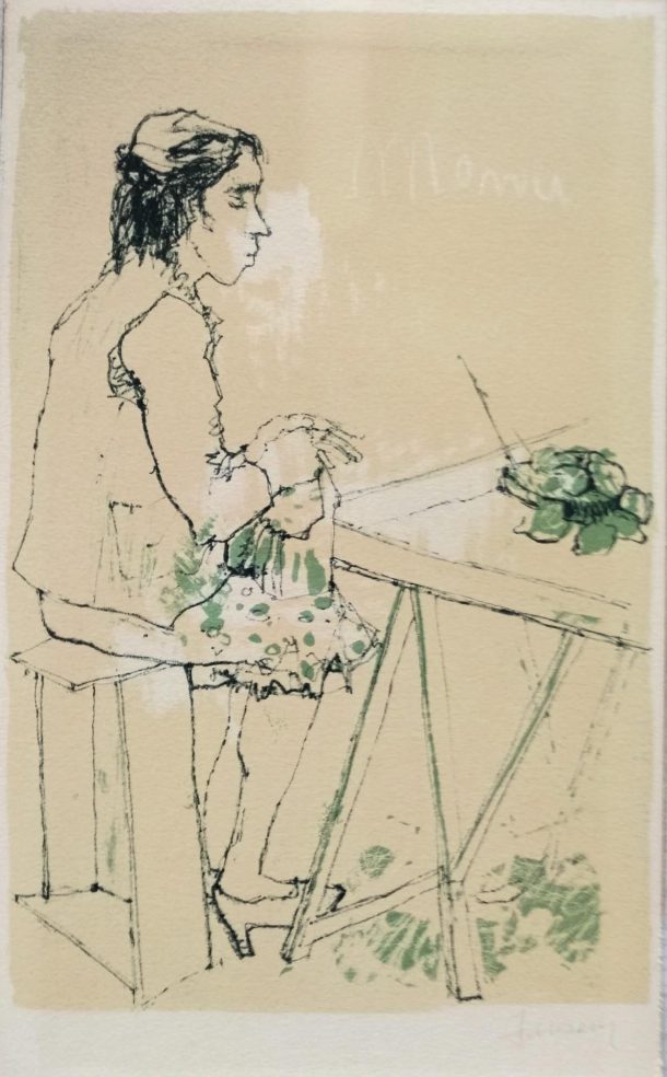 JEAN JANSEM  Dessin original au crayon et pastel sur papier d’une femme au restaurant  intitulé « MENU 