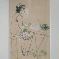 JEAN JANSEM  Dessin original au crayon et pastel sur papier d’une femme au restaurant  intitulé « MENU  – Image 3