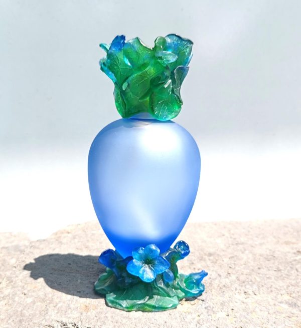DAUM France LAMPE BERGER du centenaire en pâte de verre dans les tons "vert et bleu" à motif floral "1998"