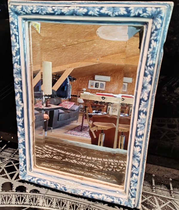 MIROIR faïence décor bleu et blanc de palmettes tête-bêche glace biseautée Nevers  XVIIe/ début XVIII ème