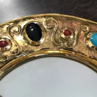 Miroir En Céramique Émaillée Or Et Cabochons Façon Turquoise Par Lembo Vallauris 1960/70 – Image 4