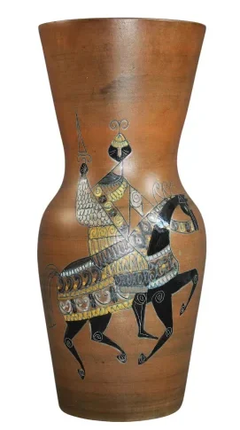 JEAN DE LESPINASSE Grand vase en faïence décor de cavaliers en armures et de chevaux caparaçonnés vers 1960
