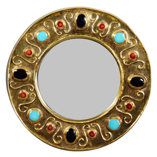 Miroir En Céramique Émaillée Or Et Cabochons Façon Turquoise Par Lembo Vallauris 1960/70