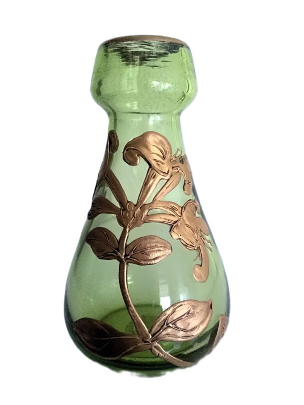 Vase miniature "art nouveau" MontJoye Legras St Denis vert décor émaillé en dorure de fleurs et feuillage fin XIXème- début XXème 