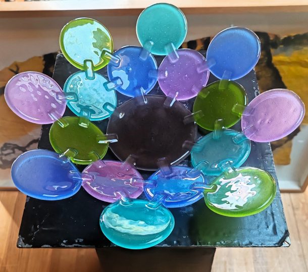 Emmanuel lussot pour soleil verre Grande coupe à fruits / vide poche disques en verre multicolore XX ème