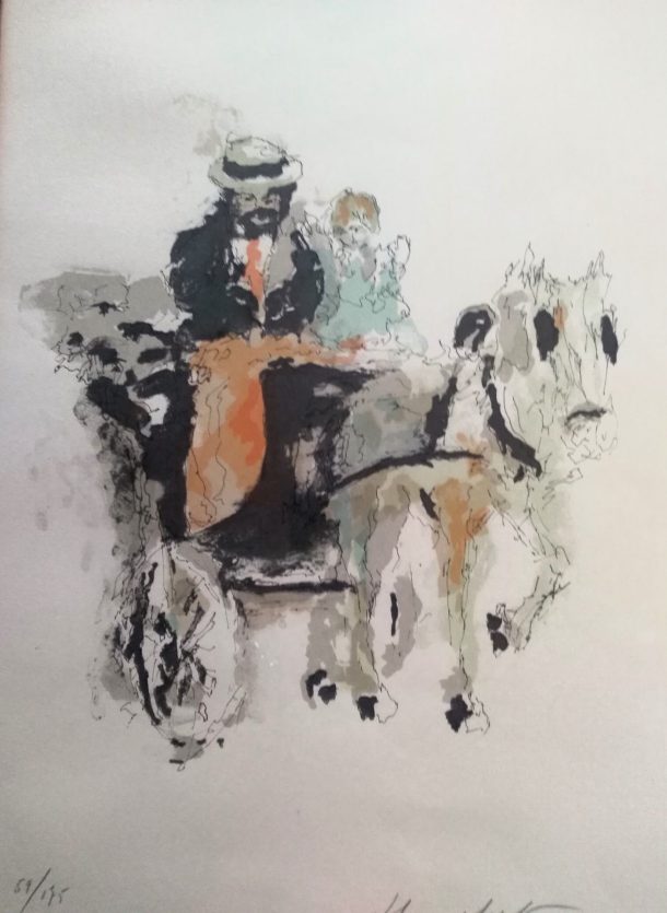 Urbain HUCHET "Promenade à charrette" Lithographie signée