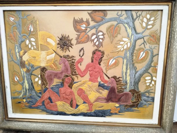 A. SCHMITT (XXe)  Femmes aux licornes Technique mixte en léger relief sur isorel