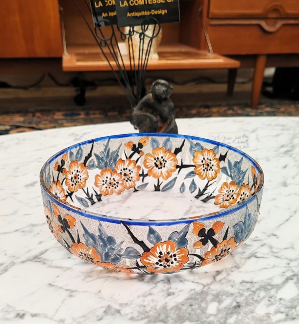 Adrien MAZOYER (1887-1950) coupe en verre Art Deco à décor floral émaillé vers 1930