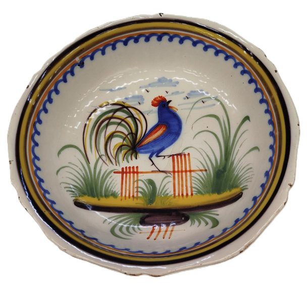 Jatte / Plat godronné en faïence ancienne décor Coq peint main Fin XIIIe/ XIXe siècle